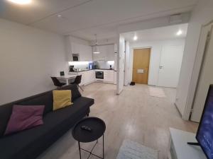a living room with a black couch and a kitchen at MR Apartments 6 in Vaasa