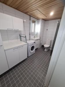 a bathroom with a washing machine and a toilet at MR Apartments 6 in Vaasa