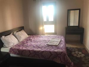 een slaapkamer met een bed met een paarse deken en een spiegel bij Aldau Heights in Hurghada