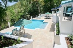 einen Pool mit Sonnenschirm neben einem Haus in der Unterkunft Lovely 3 BR Ocean View Villa in Cap Estate