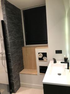 a bathroom with a shower and a sink and a window at Maison Sallanches 12 couchages in Sallanches