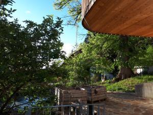 Elle offre une vue sur un jardin avec un arbre et un bâtiment. dans l'établissement Südalpen Lofts, à Bleiburg