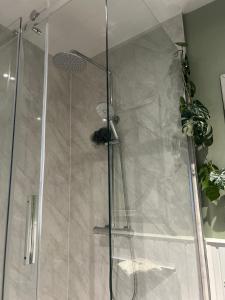 a shower with a glass separator in a bathroom at Park View is a beautiful whole entire house close to town centre, sleeps 8 in 4 rooms, 2 doubles and 4 single beds with 2 bathrooms, available for holidays, insurance stays, trades people, contractors, pets welcome in Wisbech