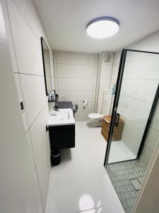 uma casa de banho com um lavatório, um espelho e um WC. em Moderne Wohnung nahe Museum em Sinsheim