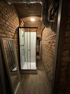 korytarz ze szklanym prysznicem w ceglanej ścianie w obiekcie Stay in Poznan Tropical w Poznaniu