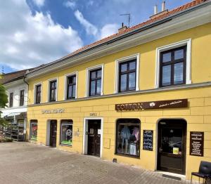 un bâtiment jaune avec des fenêtres sur une rue dans l'établissement U svaté Ludmily, à Litoměřice