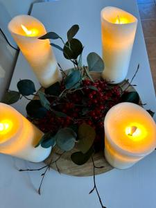 un gruppo di candele e bacche su un tavolo di Ferienhaus am Saaler Bodden a Saal