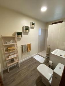 ein Badezimmer mit einem weißen WC und einem Waschbecken in der Unterkunft Maison Vallée Vue avec piscine chauffée in Castelnaud-la-Chapelle