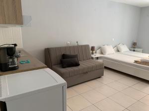 salon z kanapą i łóżkiem w obiekcie Elia Beach Apartments Vrachos w mieście Loutsa
