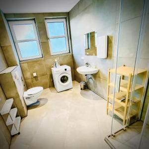 a bathroom with a toilet and a sink at CityChalet Business Apartments - Workers welcome! - Free Parking - Fast WIFI - Smart TV - WM in Saarbrücken +28 photos