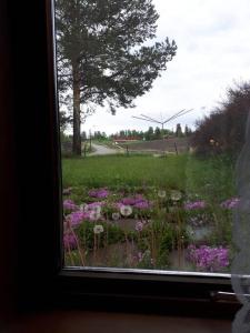een uitzicht op een bloemenveld vanuit een raam bij Lovely fully furnished apartment in Ottestad