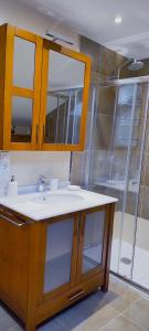 La salle de bains est pourvue d'un lavabo et d'une douche. dans l'établissement Apartamento Buen Camino, à O Pedrouzo