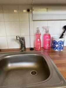 a kitchen sink with two soap bottles on a counter at Metsäkoto, laadukas huoneisto Eurassa. in Rauma
