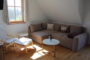 a living room with a couch and a table at Lana Salta Alpakas - Gemütliche Ferienwohnungen auf dem Bauernhof in Murrhardt