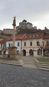 a building with a monument in front of it with a castle at LINDA apartment in Trenčín