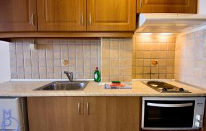 a kitchen counter with a sink and a stove at Lido Sofia Apartments in Agios Gordios