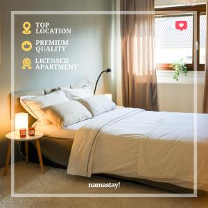 a poster of a bedroom with a large bed at namastay! - Moderne Stadtwohnung am NTM und Blick auf den Wasserturm in Mannheim