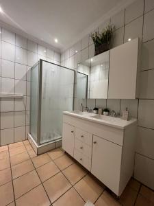 a white bathroom with a shower and a sink at 337 Justice Mahomed Guest House in Pretoria