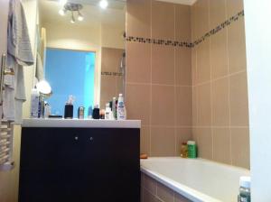 een badkamer met een bad en een grote spiegel bij 4 pièces au Stade de France 80 m2 in Saint-Denis