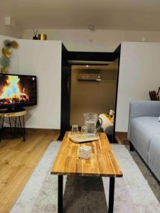 a living room with a couch and a coffee table at La cabine du Marinier in Toulouse