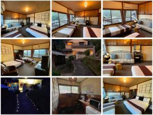 a collage of four pictures of a living room at Private & Cozy Lodge - basecamp Imari in Imari