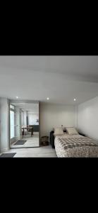 una camera con un letto e un grande specchio di Studio - Spacious and well equipped a Viroflay