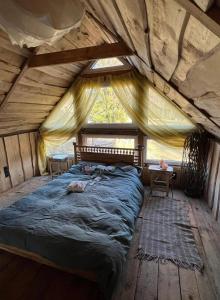 Ce lit se trouve dans un dortoir doté d'une grande fenêtre. dans l'établissement Viesu Nams “Noras”, à Ķesterciems