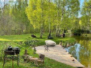 a wooden dock with a boat on the side of a lake at Viesu Nams “Noras” in Ķesterciems