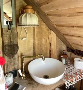 a bathroom with a white sink and a lamp at Viesu Nams “Noras” in Ķesterciems