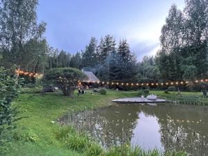 un jardin avec un étang et des lumières sur la pelouse dans l'établissement Viesu Nams “Noras”, à Ķesterciems
