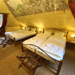 two twin beds in a room with a ceiling at Excalibur miniHotel in Eger