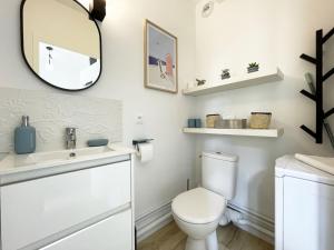 La salle de bains est pourvue de toilettes blanches et d'un miroir. dans l'établissement Le Lumineux - Cœur de Ville, à Chartres