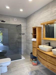 uma casa de banho com um WC, um lavatório e um chuveiro em Les Villas 400, Saint-Pierre em Saint-Pierre