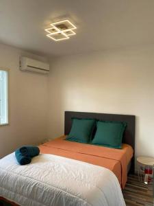 um quarto com uma cama com almofadas verdes e laranja em Les Villas 400, Saint-Pierre em Saint-Pierre