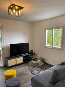 uma sala de estar com um sofá e uma televisão de ecrã plano em Les Villas 400, Saint-Pierre em Saint-Pierre