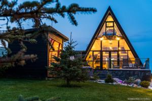 a house with a large window on the front of it at Cabana Mario in Păltinoasa