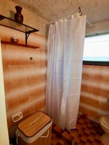 ein Bad mit einem WC und einem weißen Duschvorhang in der Unterkunft To XYLINO 