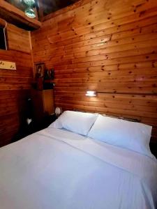 ein Schlafzimmer mit einem weißen Bett an einer Holzwand in der Unterkunft To XYLINO 