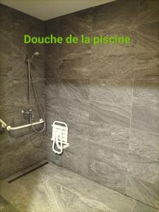 a shower in a bathroom with a stone wall at Le hameau des Rennes in Vars