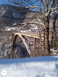 a bridge over a river with snow on the ground at Family owned self sufficient ECO farm TARA in Pljevlja