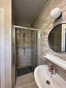 a bathroom with a shower and a sink and a mirror at Cozy studio Bečići in Becici
