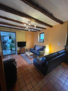 a living room with a couch and a tv at chambres d'hôtes las Vignes in Beaucens