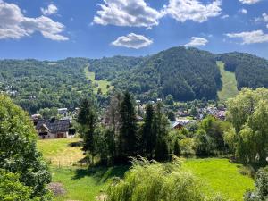 Blick auf ein Dorf in den Bergen in der Unterkunft Apartament Czeremcha in Szczawnica