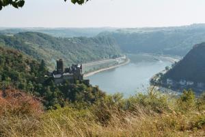 uma vista para um rio com um castelo sobre uma colina em Nassauer Hof em Sankt Goarshausen