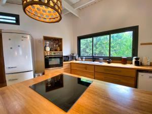 eine große Küche mit einem Kühlschrank und einem Fenster in der Unterkunft Lodge Nature in Saint-Leu