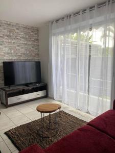 uma sala de estar com uma televisão de ecrã plano e uma mesa em Les Villas 400, Saint-Pierre em Saint-Pierre