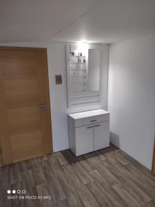 een badkamer met een wastafel, een spiegel en een deur bij Leipzig-Neuseeland-Ferienwohnung in Rötha