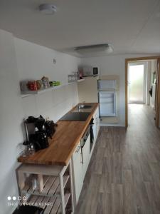 een keuken met een wastafel en een houten aanrecht bij Leipzig-Neuseeland-Ferienwohnung in Rötha