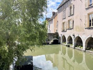 a river in a city with buildings and a bridge at Au bord de l'Eure - Free parking in Chartres