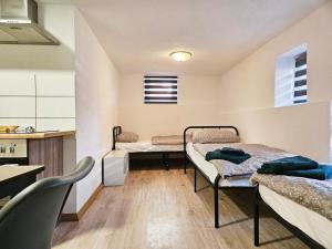 Un dormitorio con dos camas y una cocina. en Apartment in Vaihingen an der Enz - Ensingen, en Vaihingen an der Enz